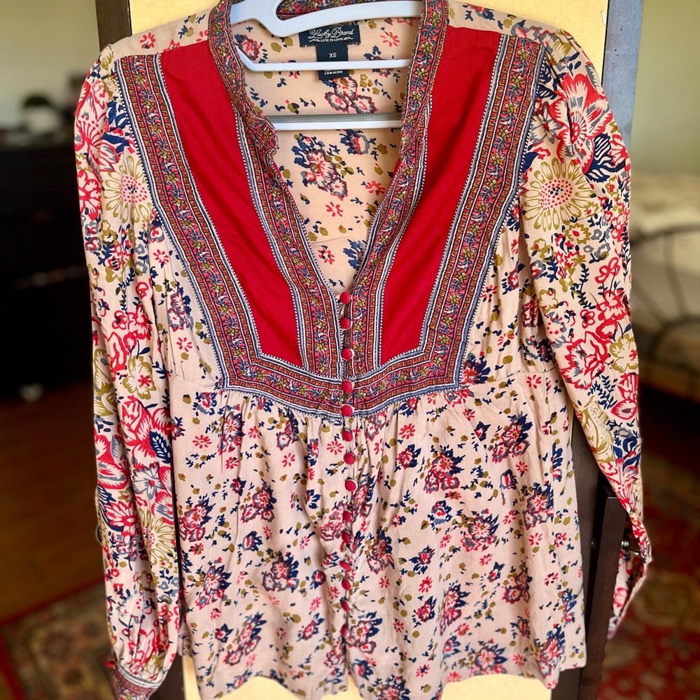 Lucky Brand Floral Red and Cream Women's Top
